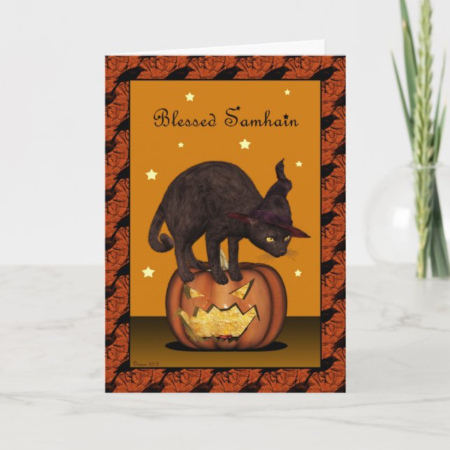 Chat noir sur Jack-o-lantern Samhain Carte de voeu (Devant)