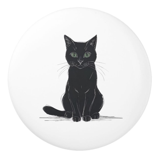 Chat noir sur poignée de porte fond blanc (Devant)