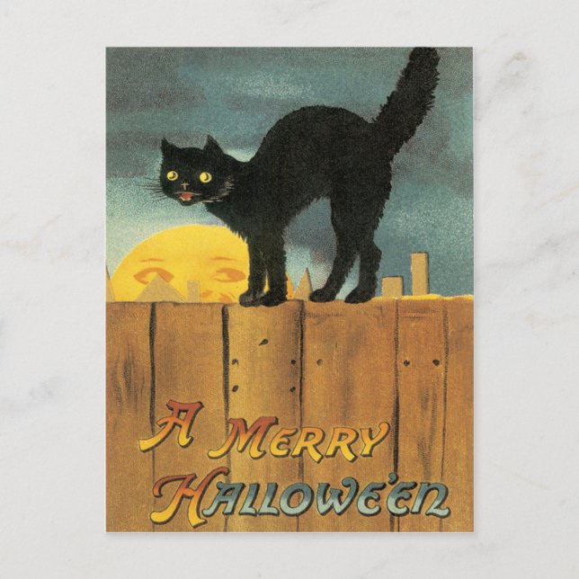 Chat Noir Sur Une Clôture Carte Postale Vintage (Devant)