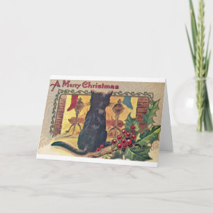 Chat noir vintage au foyer Carte de Noël