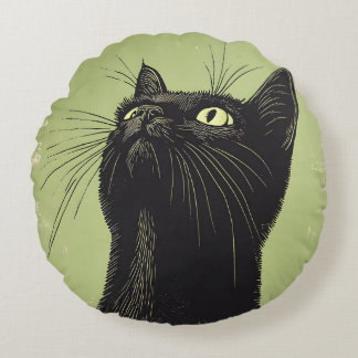 Chat noir Vintage Lino imprimé Coussin rond
