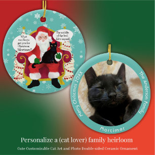 Chat noir visite Père Noël avec une photo de voeu