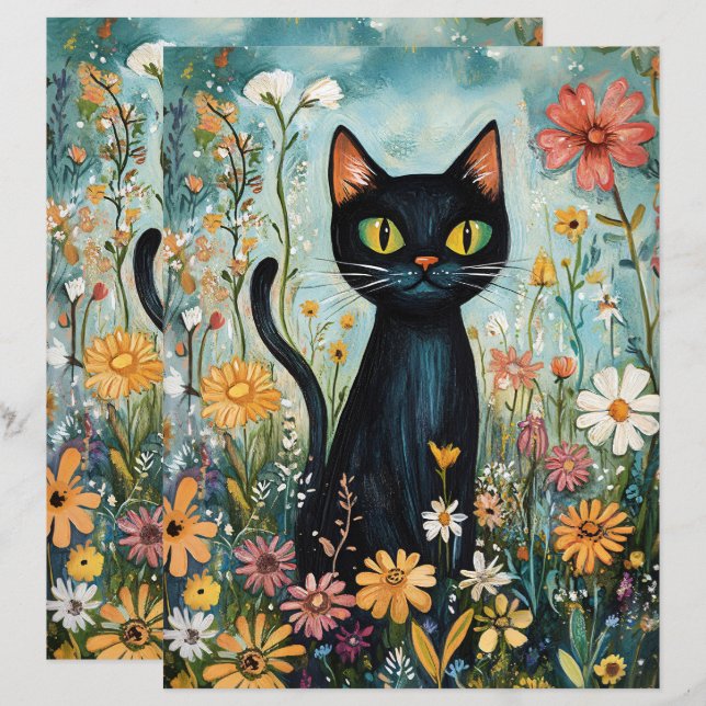Chat noir Whimsical avec papier de scrapbook de fl (Devant / Derrière)