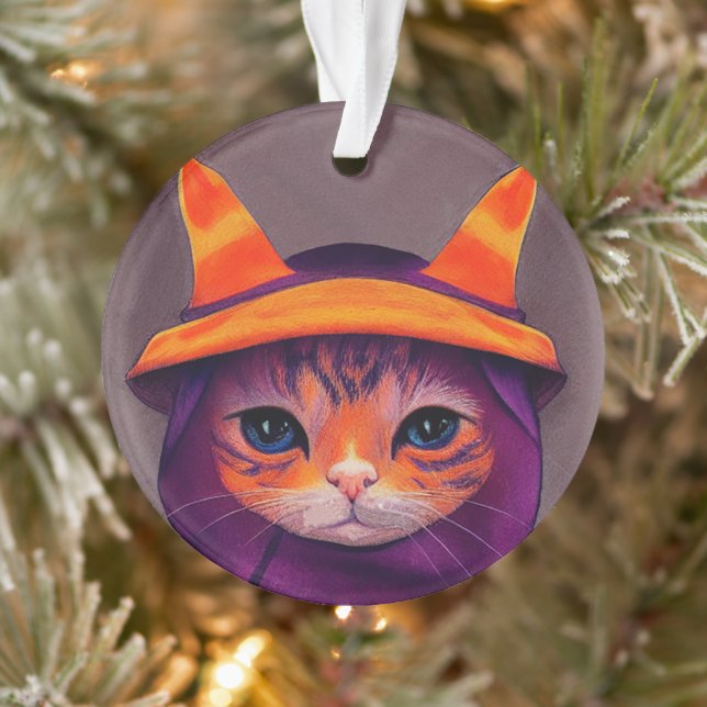 Chat orange avec chapeau de sorcière violet Hallow (Arbre)