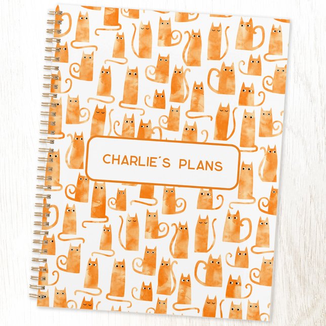 Chat orange personnalisé (Fun orange ginger cat watercolor pattern personalized custom text planner)