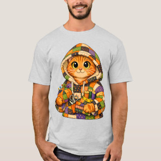 Chat orange portant un T-Shirt à capuche en quilt