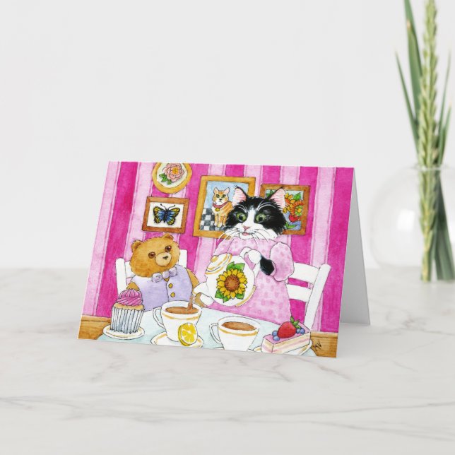 Chat, Ours en peluche, fête du thé, rose, Carte (Devant)