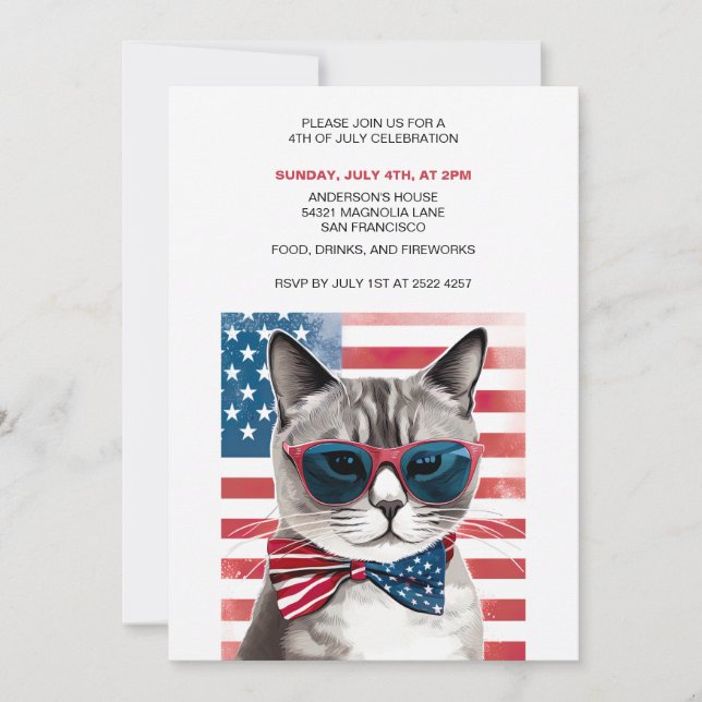 Chat patriotique 4 juillet invitations (Devant)