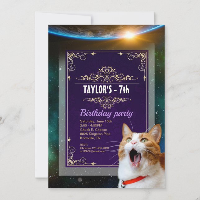 Chat Peur Dans L'Espace Invitation Anniversaire (Devant)