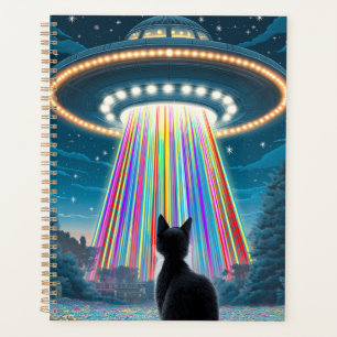 Chat psychédélique et ovnis   Art amusant de l'enl