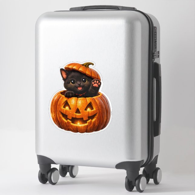 Chat pumpkin mignon joyeux Halloween autocollant v (Sur valise)