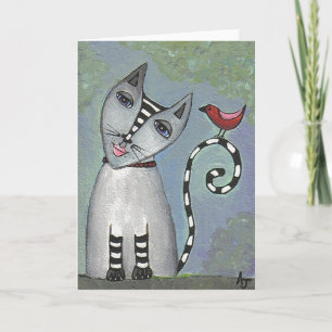 Chat rayé et oiseau rouge - carte de voeux
