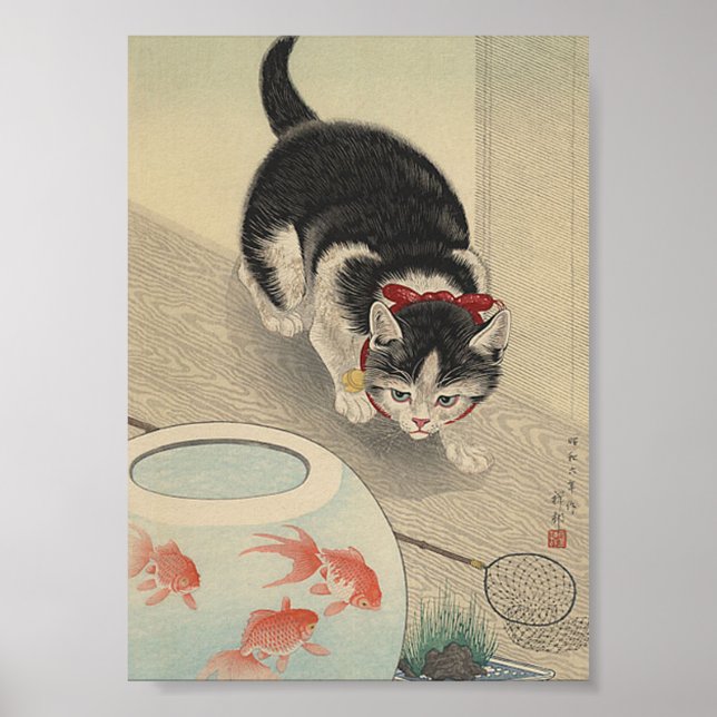 Chat regardant le poisson Poster animal Vintage ja (Devant)