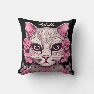 Chat rose avec fleurs décoratives Coussin de décor