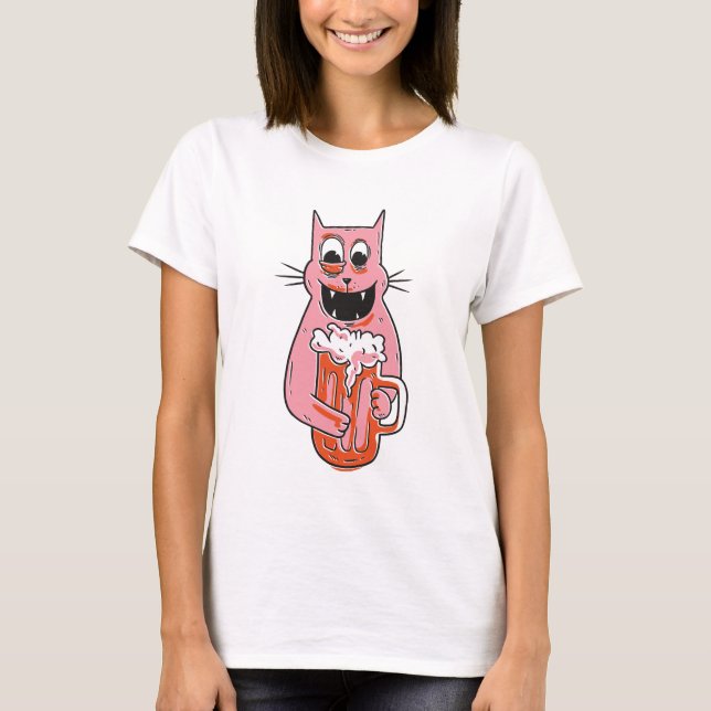 Chat Rose Drôle Avec T-shirt Bière (Devant)