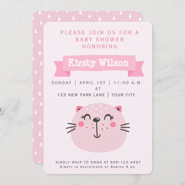Chat rose | Invitation Baby shower (Devant / Derrière)