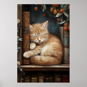 Chat roux dormant sur une impression de livres, Da