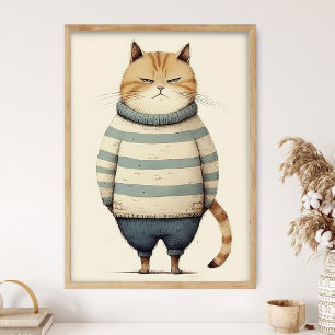 Chat Roux et Gras dans un Pull Bleu, Décoration de