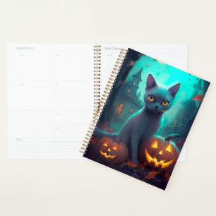 Chat Russe Bleu Halloween avec citrouilles effraya
