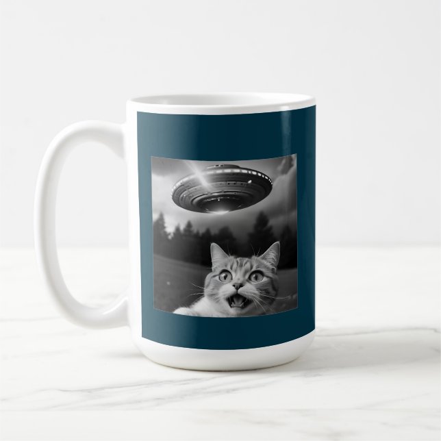 Chat Selfie OVNI Mug Drôle Alien Enlèvement Café (Gauche)