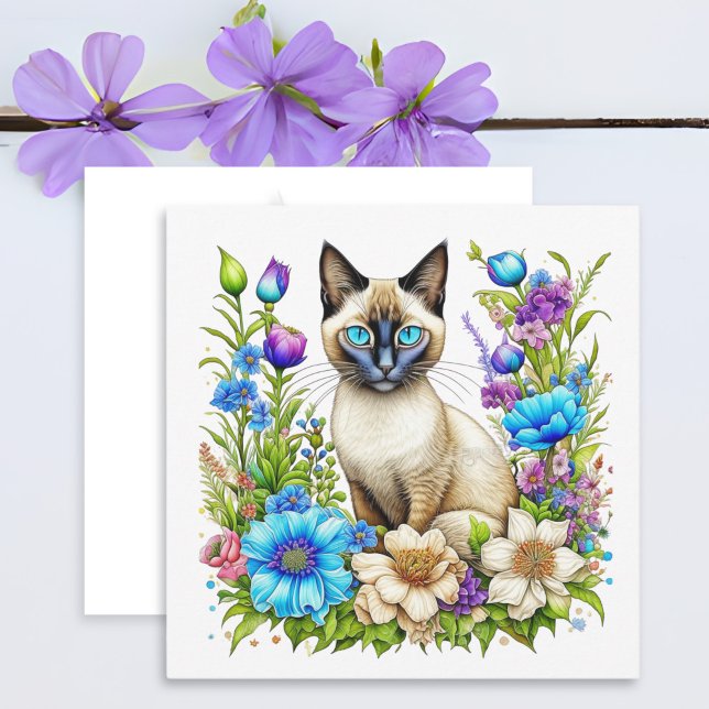 Chat siamois à l'aquarelle dans les fleurs (Créateur téléchargé)