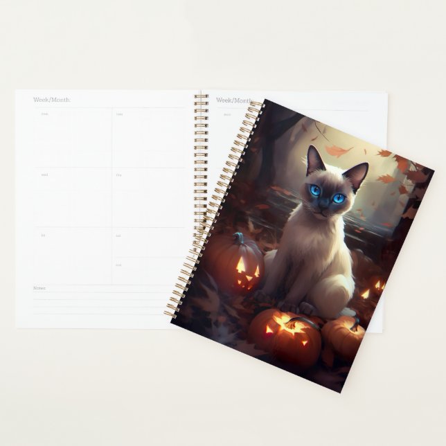 Chat siamois Halloween avec citrouilles effrayant  (Devant avec enveloppe)