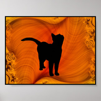 Chat Silhouette sur Fractals poster taille portefe