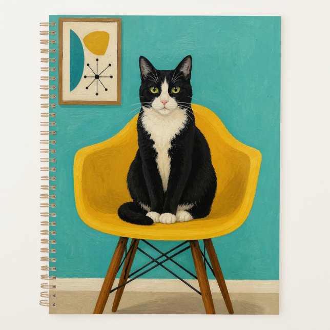 Chat Smoking Sur Chaise Jaune Milieu Du Siècle (Devant)