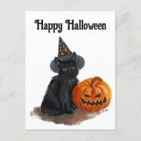 Chat Sorcière Avec Carte Postale Citrouille