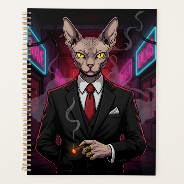Chat Sphynx Mafia dans un style néon noir (Devant)