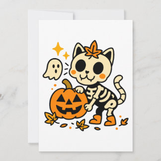Chat squelette mignon avec invitation citrouille