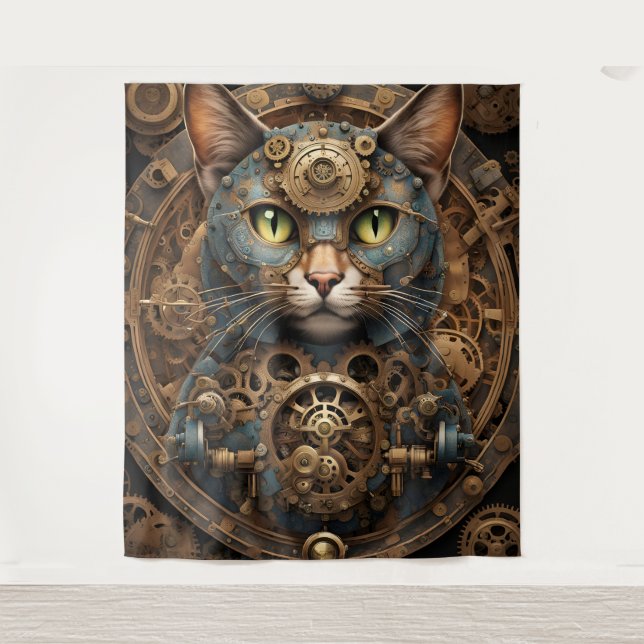 chat steampunk bleu AI art Tapisserie (Devant)