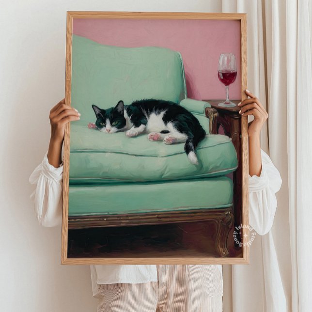 Chat sur Canapé avec Impression de Peinture d'Art  (Cat on Couch with Wine Wall Art Painting Print)