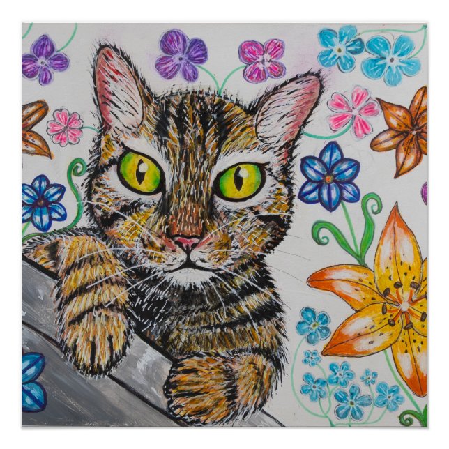Chat sur fond floral Affiche brillante (Devant)