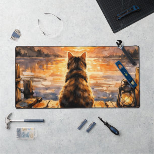Chat sur le quai au coucher du soleil