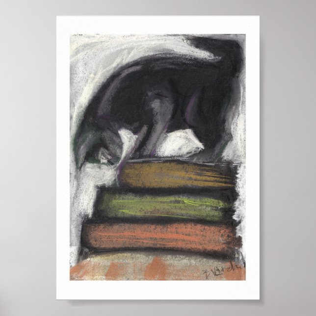 Chat sur livres - Impression de peinture Pastel or (Devant)