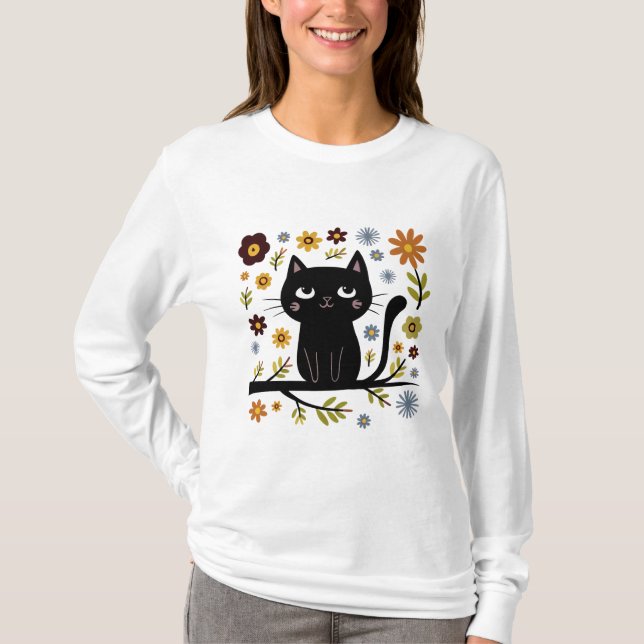 Chat sur une branche Dessin T-shirt à manches long (Devant)