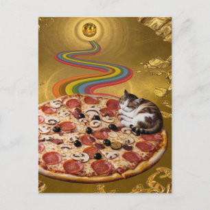 Chat surréaliste sur une carte postale de pizza