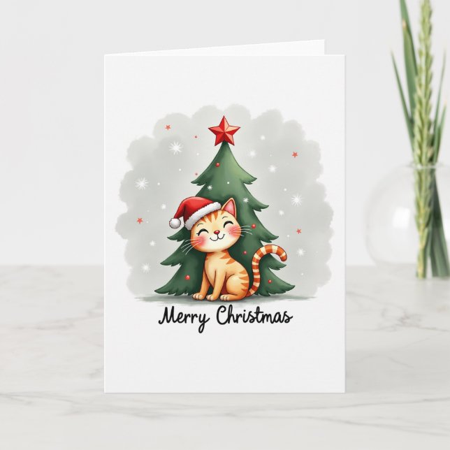 Chat Tabby mignon à Santa Hat Carte de Noël (Devant)