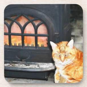 Chat Tabby Orange Par Dessous de verre Au Feu