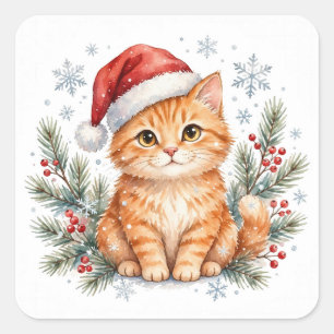 Chat tigré au chapeau de Père Noël Autocollant de