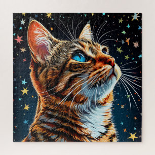 Chat tigré aux yeux bleus Nuit étoilée Puzzle pour