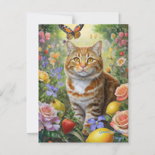 Chat tigré avec carte postale de fleurs
