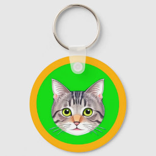 Chat tigré cadre rond porte-clés mignon animal de
