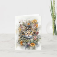 Chat tigré gris avec fleurs Carte de vœux vierge 