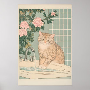 Chat tigré Impression de salle de bain Ukiyo-e Art