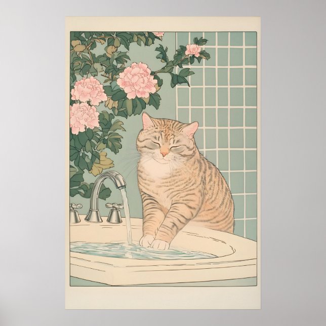 Chat tigré Impression de salle de bain Ukiyo-e Art (Devant)