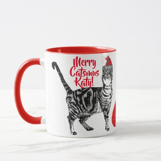 Chat Tigré Joyeux Catsmus Tasse Rouge de Noël (Gauche)