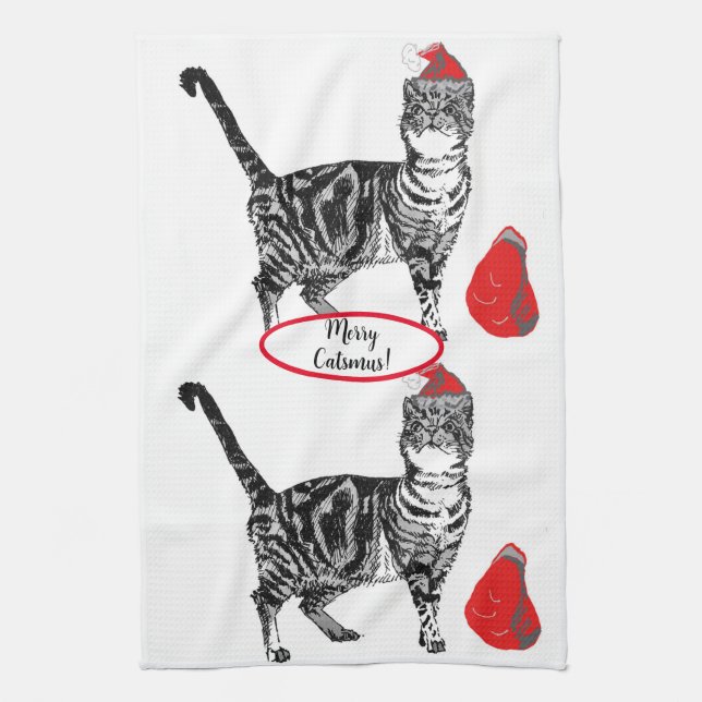 Chat tigré Noël Chat cool Écarlate Blanc Torchons (Vertical)