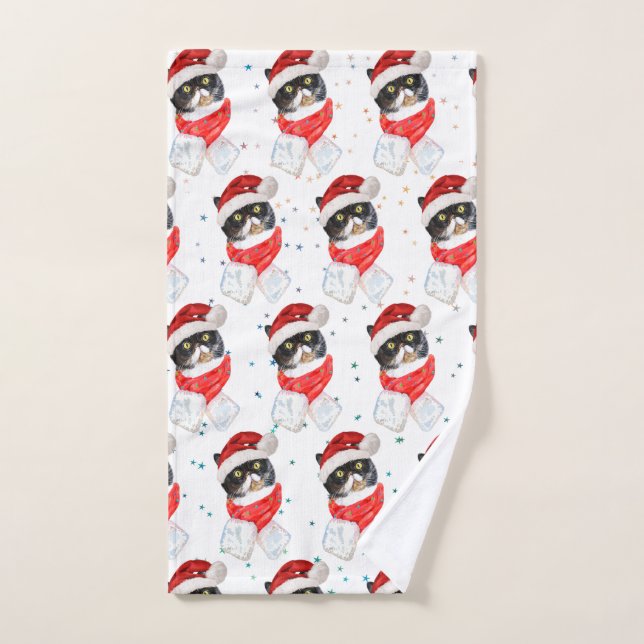 Chat tricolore Noël Aquarelle avec écharpe (Serviette à main)